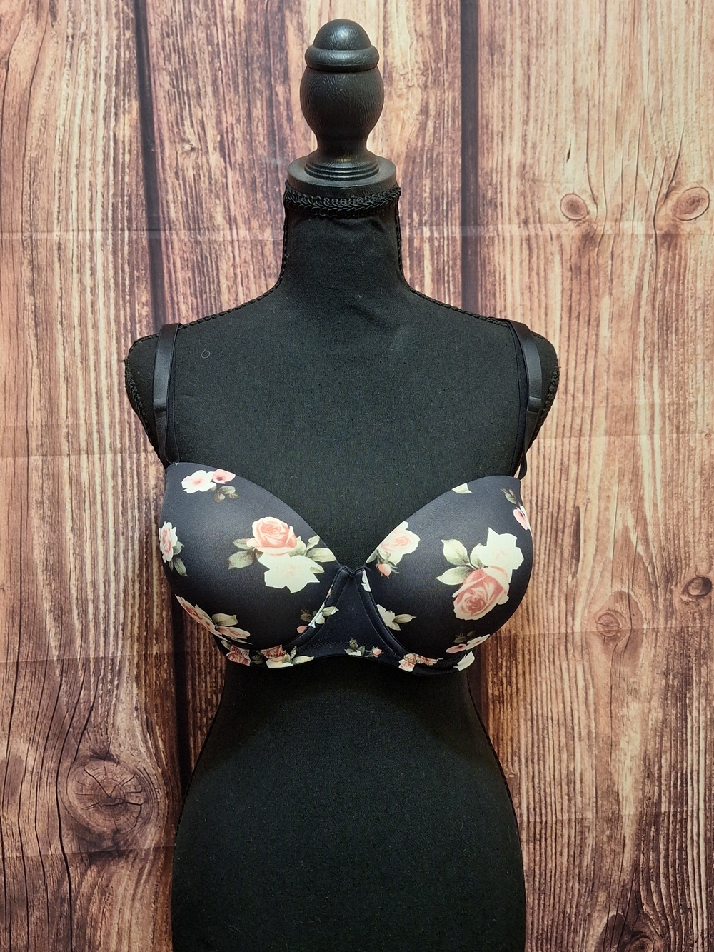 Victoria's Secret Black Bra With Vintage Rose Print Size 36D